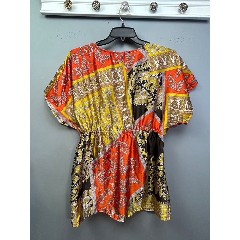 She's Cool Tunic Women 1X Orange Paisley Scarf Print V-Neck Empire Waist - Picture 2 of 6